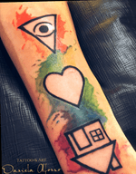 The symbols were brought by the client honoring a cousin who died. The eye represents the pronouncition of “I”, the heart means “love” and the house means where I belong, like home meaning in thid case “you”. As you can see the tattoo means “I love you” in a beautifull and original way