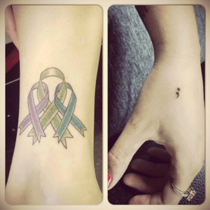 Cancer Ribbon, Mental Health Ribbon, and substance abuse ribbon. Along with a #SemicolonProject tat. My story isnt over yet.💜