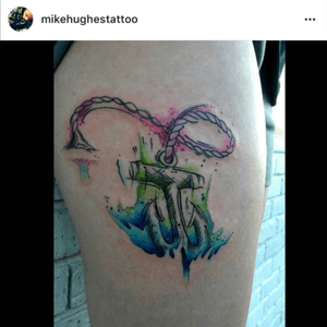 I brought a sketch to @mikehughestattoo and he killed it #watercolor #anchor #doublemeaningtattoo #navy #breastcancer #sick 