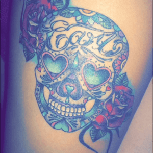 2nd tattoo for my grandpa who passed away.💙#secondtattoo #sugarskull #grandpa #earl #tattooswithmeaning #roses #skull #tattoo #ink 