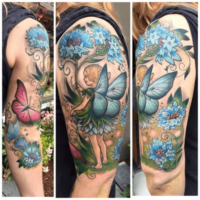 Side Rib Flower Tree And Fairy Tattoo