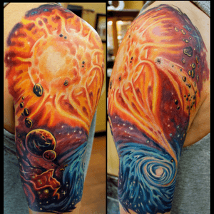 Custom #space #galaxy #planetary #explosion tattoo by Sean Ambrose at Arrows and Embers Tattoo in Concord, NH. Thanks for looking! #tattoooftheday