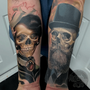 Added the a soulmate for thei gentleman skyll ibfid three years ago. We have one more sssion on the ladi skull and we will be complete! #skulltattoo #realism #mysticowltattoo #vincevillalvazo #mariettageorgia