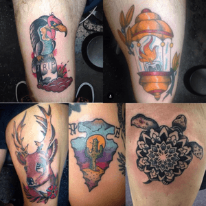Some thigh bangers ive done, both big and small #traditionaltattoo #americantradional #vulture #lantern #turtle #mandala #deer #arrowhead 