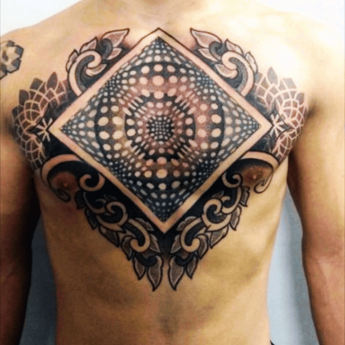 Grey Ink Tribal 3D Tattoo On Man Chest