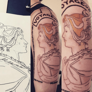Traveller-Mucha tattoo in progress