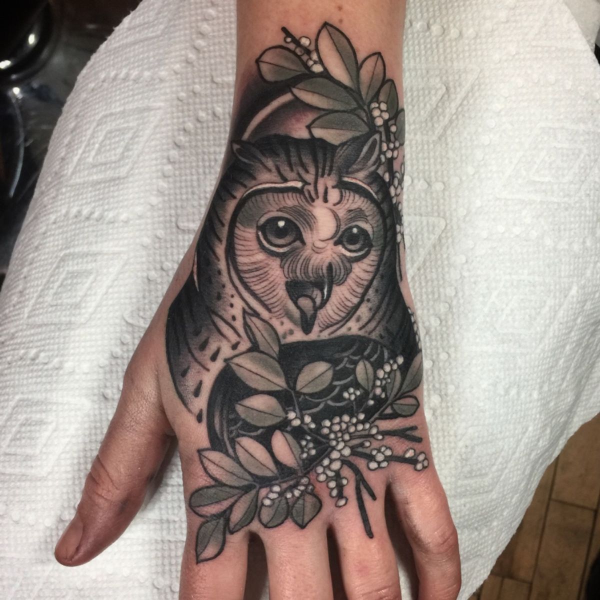 Tattoo uploaded by Matt Adamson • Tawit tawoo, owl hand for Megan