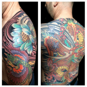 Tattoo by Lark Tattoo artist/owner Bruce Kaplan. #backpiece #fullback #japanese #color #dragon #japanesedragon #pheonix #japanesephoenix #lotus #flower #japaneseflower #brucekaplan #owner #artist #ownerartist #artistowner #LarkTattoo #LarkTattooWestbury #NY #BestOfLongIsland #VotedBestOfLongIsland #BestOfNYC #VotedBestOfNYC #VotedNumber1 #LongIsland #LongIslandNY #NewYork #NYC #TattoosEvenMomWouldLove  #NassauCounty #tattoo #tattoos #tat #tats #tatts #tatted #tattedup #tattoist #tattooed #tattoooftheday #inked #inkedup #ink #tattoooftheday #amazingink #bodyart