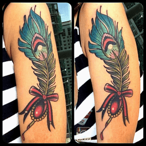 Peacock feather by Arth Akal from Borneo#peacock #feather #feathers #colour #oldschool #armtattoo