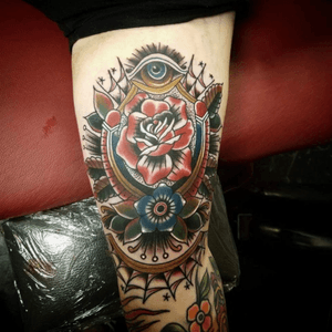 Horseshoe Rose tattoo on my upper left arm done by Jared Wittler at Murder Ink in Bowling Green, Ohio #Rose #traditional #horseshoe #traditionaltattoo 