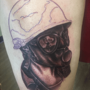 First tattoo from salt city tattoo cant wait to get it finished #relaism #gasmask #worldwar2 #mushroomcloud 