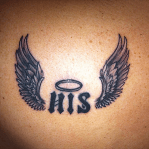 My husband and i got His & Hers tattoos for our 15th anniversary. After he passed away 2 years later, i had the wings and halo added in memory of him.