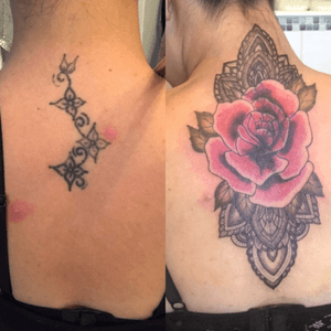 My before and after cover up tattoo on my back #tattoo #back #backtattoo #coverup #coveruptattoo #rose #ornamental #beforeandafter Done By Tom at C16 in Hatfield,Hertfordshire, UK