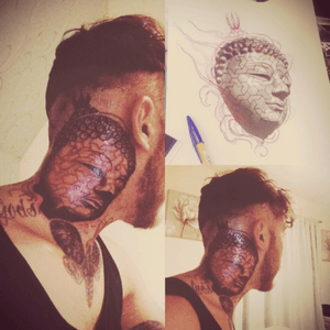 Buddha neck tattoo started on neck and head, still to finish by #guerrastringer #buddha #necktattoo 