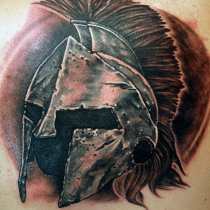 Custom #bronze #metal #helm #helmet #greek #spartan tattoo by Sean Ambrose at Arrows and Embers Tattoo in Concord, NH. Thanks for looking! #tattoooftheday