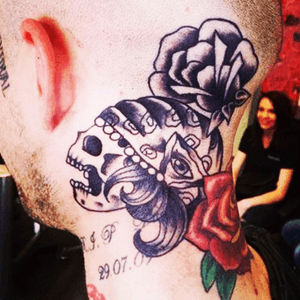 One of the earlier stages. First stage of a cover up.. #HeadTattoos #rosetattoo #oldschooltattoo #dayofthedead #gypsyskull