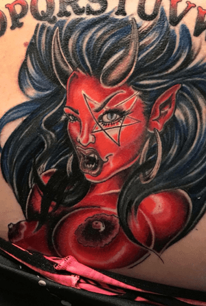 The design was done originally by Joe Capiabanco. A piece straight out the blood pudding book. #pinuptattoo #devilwoman #devilgirl 