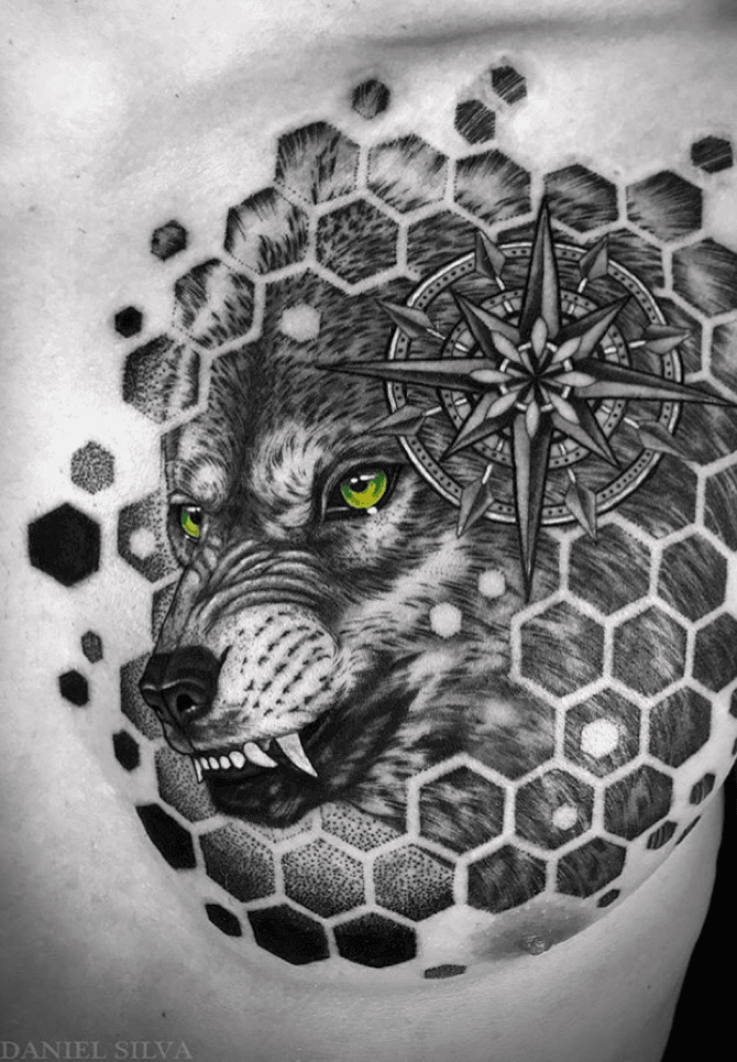 Wolf tattoo with blue eyes with compass and background with jungle wolf  Tattoo by artlineartist design by artlineartist for  Instagram