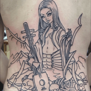 Finally started my full back piece. Got the first halff of linework done! Wonderful artist named Jessica Swaim! Works out of Eye for an Eye tattoo, in Conroe Tx.