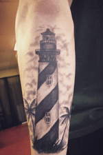 St. Augustine Lighthouse added to Florida themed sleeve. #lighthousetattoo #blackandgreytattoo #realismtattoo #staugustinetattooartist 