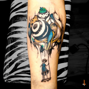 Nº117 "The Intrepid Seed" (First Session) Art by: @esao #tattoo #esaoandrews #girl #swing #seed #balloon #art #fromoiltoskin #intrepid #circasurvive #psychedelic #surrealism #bylazlodasilva