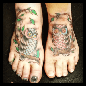 Matching tats with my sister from another mister. Friends from the age of 6...my longest lasting relationship. lol (Mine is on the left with the blue belly.) Unsure of artists name in Phoenix, AZ #Owls #BestFriends #HurtLikeABitch