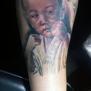 portait of my son on my forearm.  Also have my other 2 on my arm as well  #dreamtattoo #childportrait #portait #blackandgreytattoo 