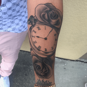 Rose and watch tattoo from the other day! #clock #rose #black #grey #realism 
