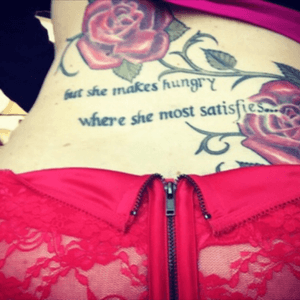 Roses with Shakespeare quote from "Antony and Cleopatra". Tattoo work by Faultline Tattoo in Hollister CA.