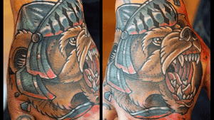 Custom #traditional #bear #warrior #armor #helm tattoo by Sean Ambrose at Arrows and Embers Tattoo in Concord, NH. Thanks for looking! #tattoooftheday