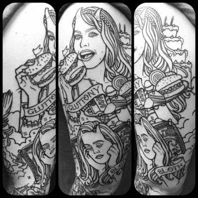 #tattoo #shaunloyer Done by Shaun Loyer @ Distinctive Body Art Studio in San Clemente CA Instagram is @inkedlife1979 or @dba_tattoo #sevendeadlysins #sleevetattoo #linework #workinprogress #pinup 