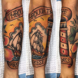 Ship and lighthouse tattoo 