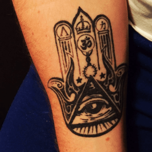 Hamsa hand slightly modified with the symbols in the globes at the top changed by me.
