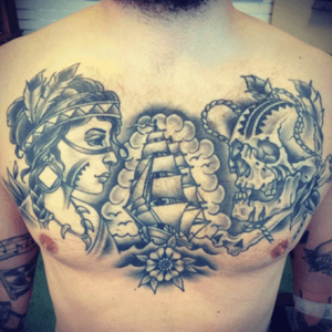 Chest tattoo - The beautiful vs. Death and the travel in between. #denmark #peteralthoff #danish #indian #skull #indianskull #beauty #indianlady #ship #travel #🇩🇰