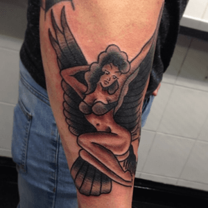 Sailor Jerry pin up. Had this done about two years a go by Phil Gibbs @ Stand Proud Tattoo #traditional #sailorjerry #blackandgrey #pinupgirl #eagle 