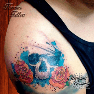 Watercolor skull and roses tattoo  #tattoo #marianagroning #karmatattoo #cdmx #MexicoCity #watercolor #watercolortattoo #watercolortattooartist #skullandrose 