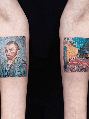 Van Gogh: Self Portrait and Café Terrace at Night tattoos #realism #painting #artist #color #art 