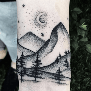 Mountain Scene by Mike Adams at Homestead Tattoo in Frederick, MD. #dotwork #dreamtattoo #dreamartist