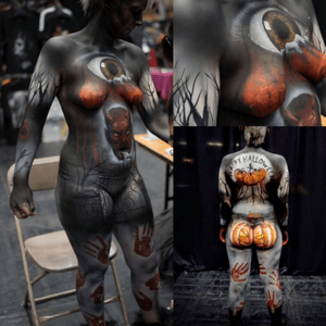 Body painting by Eleanor Arty Ashton, painted live at Manhester International Tattoo Show 2016 #bodypaint #bodypainting #halloween #manchester #manchestertattooshow #theeye #pumpkin