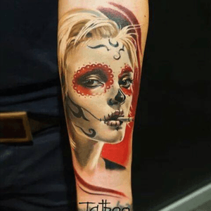 Done by Valentina Ryabova At Brussels Tattoo Convention #tattoo #realistic #photorealism #santamuerte #diadelosmuertostattoo #color 