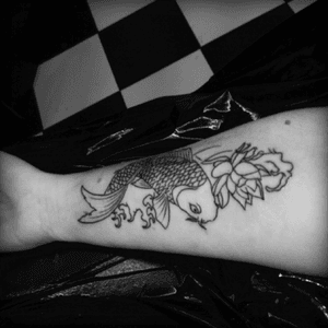 Me while having my koi fish tattooed #LoveMyTattoos #LoveMyKoi #NeedMoreInk #BeforeColour 