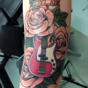 My memorial tattoo for my cousin Dylan. With his bass ❤️ I want lyrics added somewhere close to it from the song "Mile Zero" by Periphery