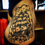 Newest one to the collection #pirateshiptattoo #clippership #sidetattoo #colourtocome 