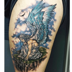 My angel of stregnth kneeling at the edge of a cliff! Art work done by Jessi Graden of Wanderlust Tattoo in Cuyahoga Falls Ohio. 