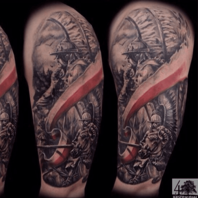 Really happy with this Polish Winged Hussar from today Custom drawn not  from a photo reference Thanks again Nick Im really open to more black  and  By Tattoos by Matt Brumelow 