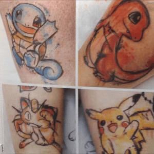 Squirtle, Charmander, Meowth and Pikachu tattoos #pokemon 