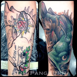 Cover up from a couple years back. Catfish action, mud and all! #tattoos #coverup #timpangburn #animaltattoos #newschool 