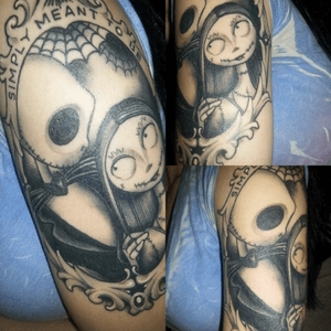 throwin' it back to november 1st of 2014, my first tattoo done by Chad Lenjer 💀 #nightmarebeforechristmas #jackskellington #sally #blackandgrey #blackmetal #chadlenjer #strongsville #ohio #ohioink 