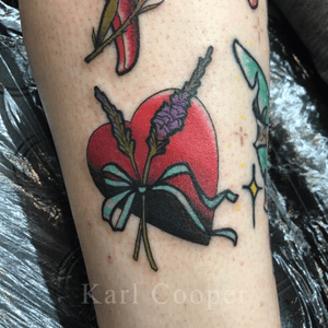 By Karl Cooper @kcoopertattoo #traditional #traditionaltattoo #oldschool #oldschooltattoo #neotraditional #neotraditionaltattoo #heart #lavender 