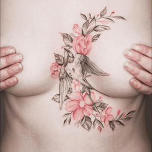 Awesome #placement and #different - #flowers #floral #Foliage #bird #swollow #blackandgrey with #pinks - #tattooartist #TritoanLy 